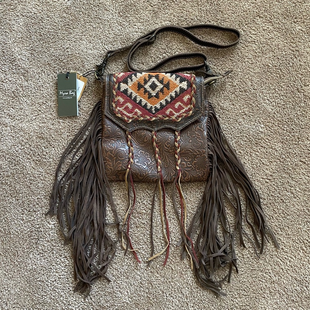 Aztec Motif Leather & Hairon Fringe Bag